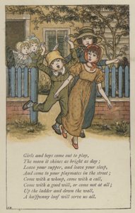 Meninos e meninas saem para brincar (cor litho) de Kate (after) Greenaway