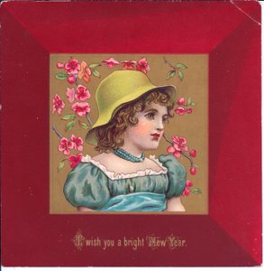 Um, vitoriano, cartão natal, de, um, menina, vestido, em, regency, roupas, segurando, um, buquê flores, c.1880 de Kate Greenaway