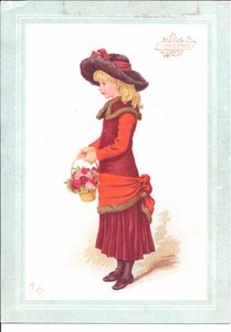 Um cartão vitoriano de uma criança vestida em roupas de regência, c.1880 de Kate Greenaway