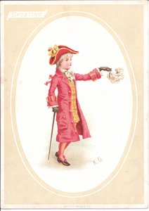 Um cartão vitoriano de crianças sentadas em uma mesa de jantar, enquanto que um vestido como um cozinheiro aguça a faca, c.1880 de Kate Greenaway