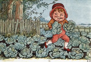 Um gnomo rouba couve de uma horta. (Um duende rouba repolho de uma horta.) Ilustração de Kate Greenaway (1846-1901) do livro de contos e rimas infantis "Under The Window" (1879), editado por Edmund Evans.