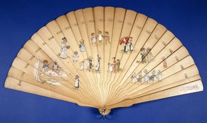 Um grande leque de brise de madeira pintado em cores com grupos de crianças em várias atividades, de Kate Greenaway