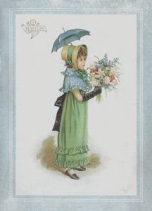 Menina, em, vestido verde, segurando, parasol, e, um, buquê flores de Kate Greenaway