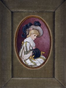 Retrato oval de uma menina loira usando um chapéu de plumas com as mãos dentro do regalo de Kate Greenaway