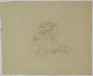 Duas crianças com cachorro de Kate Greenaway