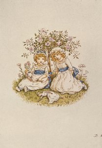 Duas meninas, com, bonecas, sentando, sob, um, roseira, 19o século de Kate Greenaway