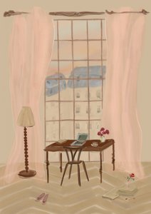 Ilustração de uma vista de janela em Paris com uma secretária rústica de Katharina Puritscher