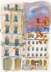Esquina numa rua de Paris com um céu roxo de Katharina Puritscher