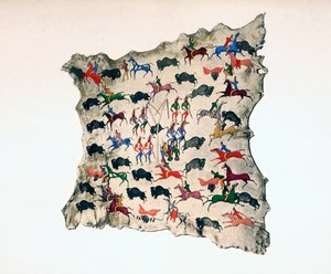 Pele de alce do índio Shoshone norte-americano, mostrando a caça ao búfalo, século XX de Katsikodi