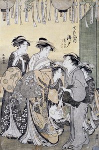 Courtesan Nishikido da casa de chá Chojiya rodeada pelas suas senhoras, Final do século XVIII, estampa de arte Ukiyo-e, Por Katsukawa Shuncho (activo 1780-1800), talha Oban-tate-e, 37x26 cm, civilização japonesa, Detalhe de Katsukawa Shuncho