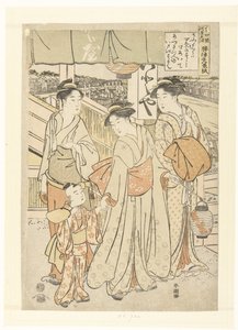 Desfrutar da brisa da noite junto ao rio em Shijo, Quioto.
Kyo Shijogawara yusuzumi (título sobre o objecto) de Katsukawa Shuncho
