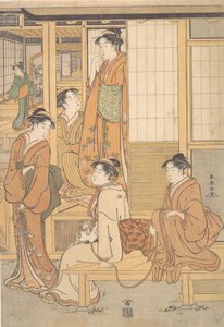Grupo de Moças na Varanda de uma Casa de Chá, final do século XVIII. de Katsukawa Shuncho