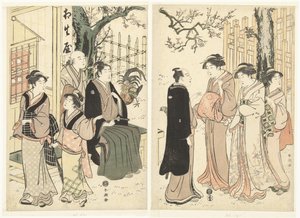 No jardim da casa de chá Aioiya de Katsukawa Shuncho