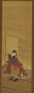 Interior: uma menina e um gatinho, período Edo, final do século XVIII. de Katsukawa Shuncho