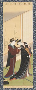 Interior: uma mulher a ajudar uma rapariga a vestir-se, período Edo, 1726-1792.