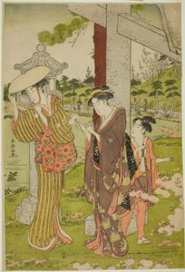 Colhendo flores no Santuário Kumano Junisha em Tsunohazu de Katsukawa Shuncho