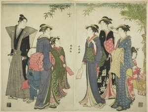 Jogar battledore e peteca no dia de Ano Novo de Katsukawa Shuncho