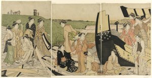 Barcos de recreio em um desembarque de Katsukawa Shuncho