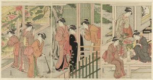 Mulheres Admirando Peônias de Katsukawa Shuncho