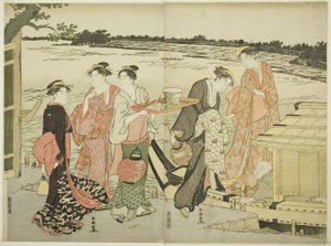 Mulheres embarcando em um barco de recreio de Katsukawa Shuncho