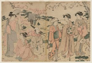 Mulheres vendo as flores de cerejeira em Asukayama de Katsukawa Shuncho