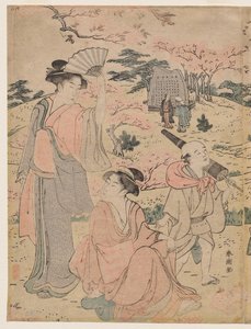 Mulheres vendo as flores de cerejeira em Asukayama de Katsukawa Shuncho