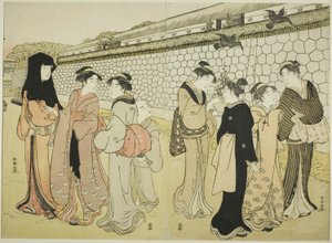 Mulheres caminhando por um fosso de Katsukawa Shuncho