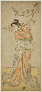O ator Ichikawa Ebizo (Danjuro V) como a dama de companhia Iwafuji na peça Gozen-gakari Sumo Soga, representada no Teatro Kawarazaki no primeiro mês de 1793 () de Katsukawa Shun