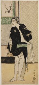 O ator Ichikawa Komazo II como Soga no Dozaburo disfarçado como o rufião Tobei () na peça Haru no Nishi Date-zome Soga (), representada no Teatro Nakamura () no primeiro mês de 1790 () de Katsukawa Shunei