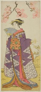 O ator Ichikawa Komazo II como o espírito da Senhora Shiragiku na peça Hatsu Midori Saiwai Soga, representada no Teatro Kawarazaki no terceiro mês de 1791 de Katsukawa Shun
