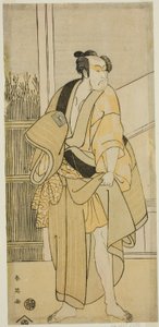 O ator Ichikawa Monnosuke II como Hiranoya Tokubei () na peça Waka Murasaki Edokko Soga (), representada no Teatro Ichimura () no terceiro mês de 1792 () de Katsukawa Shun
