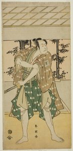 O ator Ichikawa Omezo I como o barqueiro Takihei () na peça Ofunamori Ebi no Kaomise (), representada no Teatro Kawarazaki () no décimo primeiro mês de 1792 () de Katsukawa Shun