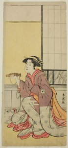 O ator Iwai Hanshiro IV como Yae (), na peça Sugawara Denju Tenarai Kagami (), representada no Teatro Kiri () no sétimo mês de 1788 () de Katsukawa Shun
