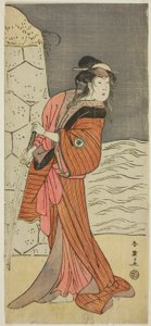 O ator Iwai Hanshiro IV como Yaegushi no Oroku () na peça Keisei Kogane no Hakarime (), representada no Teatro Kawarazaki () no terceiro mês de 1792 () de Katsukawa Shun