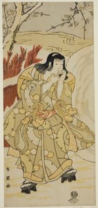 O ator Iwai Hanshiro IV como um rapaz que sopra com as mãos ao lado de uma grande bola de neve, na peça Nigiwai Genji Hana Saku Kado, representada no Teatro Kawarazaki no décimo primeiro mês de 1793 de Katsukawa Shun