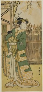 O ator Nakayama Tomisaburo I como Lady Tokiwa (Tokiwa Gozen) () na peça Kimmenuki Genke no Kakutsuba (), representada no Teatro Ichimura () no décimo primeiro mês de 1791 () de Katsukawa Shun