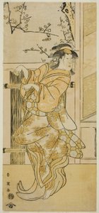 O ator Segawa Kikunojo III como Kojoro-gitsune (Raposa) disfarçado de Omiki na peça Komachi-mura Shibai no Shogatsu, representada no Teatro Nakamura no décimo primeiro mês de 1789 de Katsukawa Shun