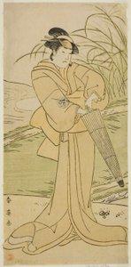 O ator Yamashita Kinsaku II como Okaya na peça Yomogi Fuku Noki no Tamamizu, representada no Teatro Kiri no quinto mês de 1795 de Katsukawa Shun