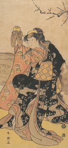 O Quarto Iwai Hanshiro como uma Mulher Segurando uma Bola de Cristal e Dançando na Margem de ..., c. 1788. de Katsukawa Shun