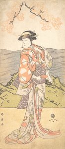O quarto Iwai Hanshiro como uma mulher em pé debaixo de uma cerejeira, ca. 1792 de Katsukawa Shun