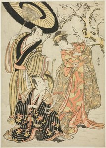 Os actores Iwai Hanshirô IV, Ichikawa Monnosuke II e Sakata Hangorô III, em "Snowflakes: Elevando o nível em Izu" ("Mutsu no Hana Izu no Hataage") de Katsukawa Shunkо̄