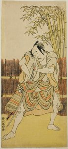 O ator Bando Mitsugoro I como Ogata no Saburo disfarçado de Yoroya Takiemon na peça Mure Takamatsu Yuki no Shirahata, representada no Teatro Ichimura no décimo primeiro mês de 1780