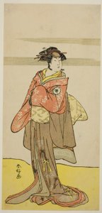 O ator Iwai Hanshiro IV como Hitomaru disfarçado de gueixa Oshun na peça Edo no Hana Mimasu Soga, representada no Teatro Nakamura no terceiro mês de 1783 de Katsukawa Shunkо̄