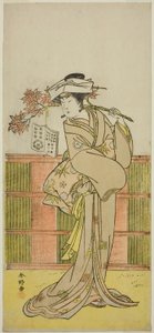 O ator Iwai Hanshiro IV como Umegae disfarçado de cartomante Omatsu na peça Mukashi Otoko Yuki no Hinagata, representada no Teatro Ichimura no décimo primeiro mês de 1781 de Katsukawa Shunkо̄