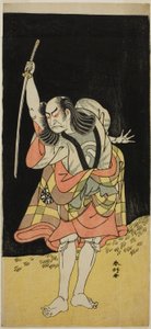 O ator Nakamura Nakazo I como Ippei () na peça Koi Nyobo Somewake Tazuna (), representada no Teatro Ichimura () no oitavo mês de 1778 () de Katsukawa Shunkо̄