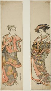 O ator Nakamura Tomijuro I como cortesã (à direita) e Sawamura Sojuro III como Oyamada Taro () disfarçado de Tarosaku da aldeia de Oyamada (à esquerda) na peça "Azuma no Mori Sakae Kusunoki", representada no Teatro Ichimura no décimo primeiro mês de 1779