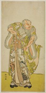 O ator Sakata Hangoro II como Hige no Ikyu na peça Shida Yakata Yotsugi no Hikibune, representada no Teatro Ichimura no quinto mês de 1782 de Katsukawa Shunkо̄