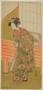 O ator Segawa Kikunojo III como a cortesã Takamura de Onoteruya () na peça Sugata no Hana Yuki no Kuromushi (), representada no Teatro Ichimura () no décimo primeiro mês de 1776 () de Katsukawa Shunkо̄