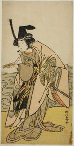O ator Yamashita Kinsaku II como Lady Kikusui (Kikusui Gozen) na peça Kaeribana Eiyu Taiheiki, representada no Teatro Nakamura no décimo primeiro mês de 1779 de Katsukawa Shunkо̄