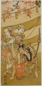 Os actores Ichikawa Raizo II como Kojiro Masahira (à direita) e Ichikawa Danzo IV como Doi no Yataro (à esquerda), na peça Kaomise Ama no Iwato, representada no Teatro Nakamura no décimo primeiro mês de 1774 de Katsukawa Shunkо̄